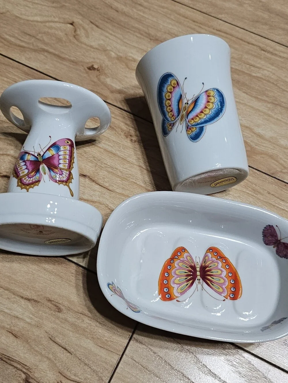 Counterpoint San Francisco Butterfly Bath Set 3pc Porcelain Multicolor Vintage